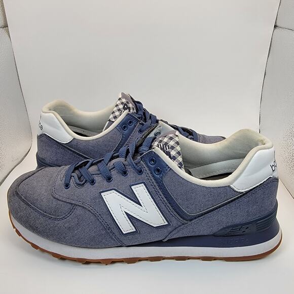 New Balance 574 Sneakers Womens 10.5 Blue Chambray Plaid Lace Up Casual Shoes - Picture 6 of 13